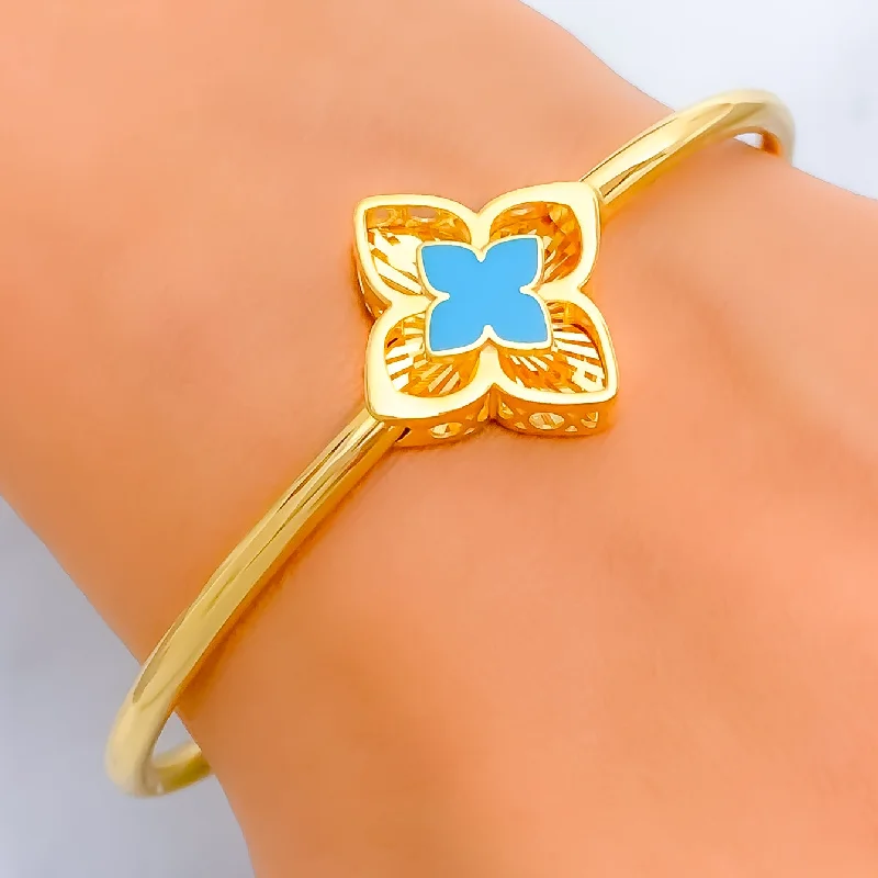 women custom gemstone bracelets -Bold Poised 21k Gold Floral Bangle Bracelet