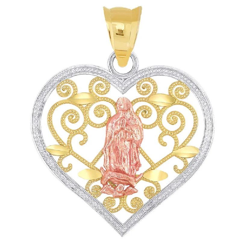 women flower pendant necklaces -14k Yellow and Rose Gold Milgrain-Edged Filigree Our Lady of Guadalupe Heart Pendant