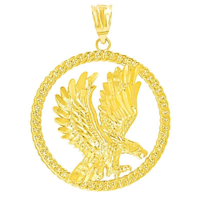 women spiral necklaces -14K Yellow Gold Textured Eagle Charm Round Animal Pendant