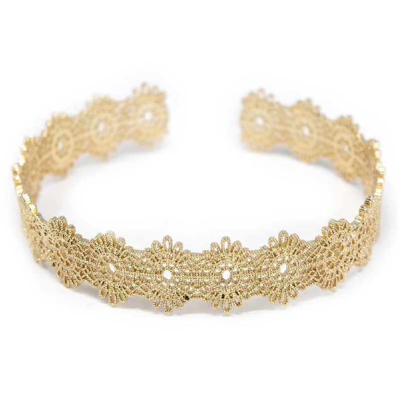 women custom gemstone bracelets -Lace Design Cuff Bracelet Gold Tone