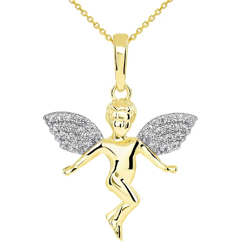 women teardrop necklaces -14k Yellow Gold Floating Guardian Angel with Micro Pave CZ Wings Pendant Necklace